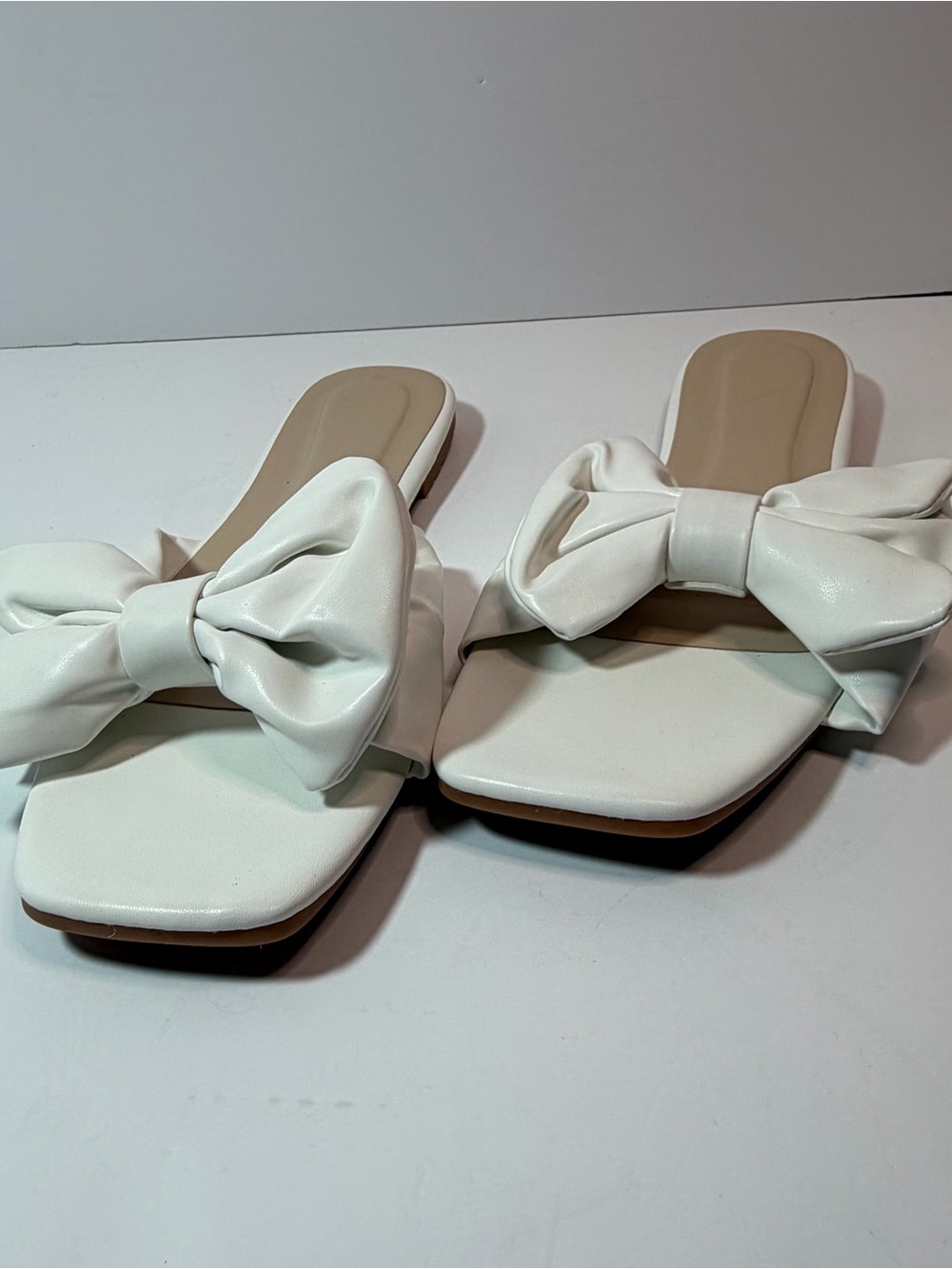 Flat Wedding Sandals Gorglitter Size 11  Bow Flat Slide White Square Open Toe